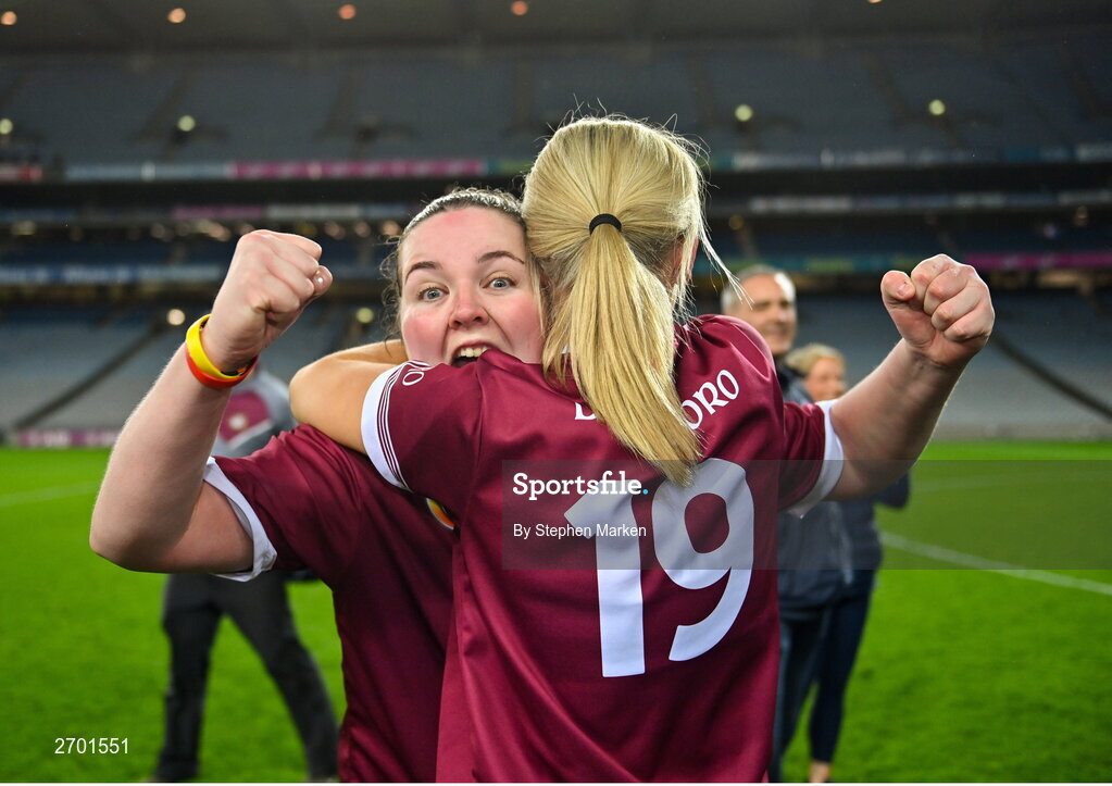 17 December 2023; Kirsty Maher and Bronagh Doheny, 19, of Dicksboro after their side's victory in the AIB Camogie All-Ireland Senior Club Championship final match between Dicksboro of Kilkenny and Sarsfields of Galway at Croke Park in Dublin. Photo by Stephen Marken/Sportsfile