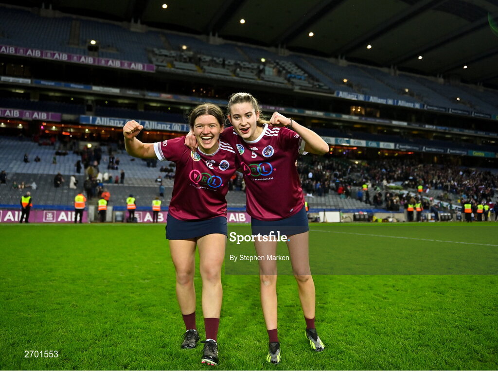 17 December 2023; Rachel Dowling, left, and Niamh Phelan of Dicksboro after their side's victory in the AIB Camogie All-Ireland Senior Club Championship final match between Dicksboro of Kilkenny and Sarsfields of Galway at Croke Park in Dublin. Photo by Stephen Marken/Sportsfile