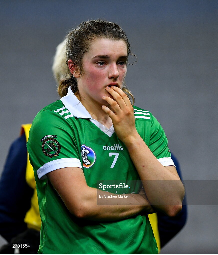 17 December 2023; Joanne Daly of Sarsfields after her side's defeat in the AIB Camogie All-Ireland Senior Club Championship final match between Dicksboro of Kilkenny and Sarsfields of Galway at Croke Park in Dublin. Photo by Stephen Marken/Sportsfile