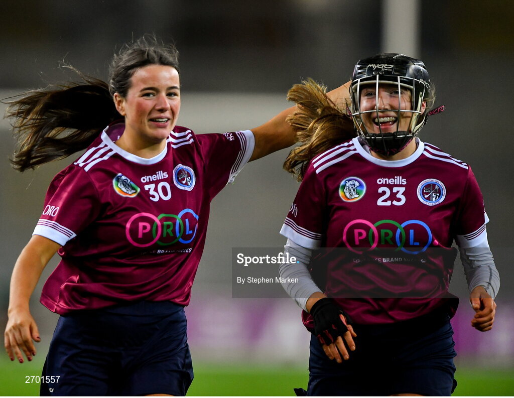 17 December 2023; Sheena Warde, left, and Ciara Ward of Sarsfields after their side's victory in the AIB Camogie All-Ireland Senior Club Championship final match between Dicksboro of Kilkenny and Sarsfields of Galway at Croke Park in Dublin. Photo by Stephen Marken/Sportsfile
