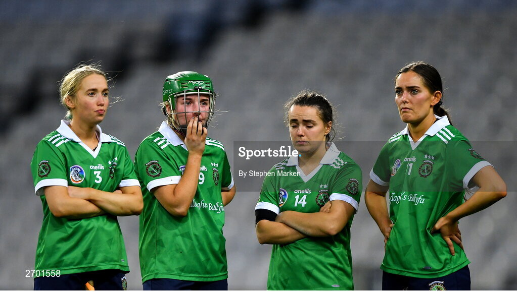17 December 2023; Sarsfields players from left, Laura Ward, Sarah Spellman, Siobhán McGrath, and Orlaith McGrath after their side's defeat in the AIB Camogie All-Ireland Senior Club Championship final match between Dicksboro of Kilkenny and Sarsfields of Galway at Croke Park in Dublin. Photo by Stephen Marken/Sportsfile