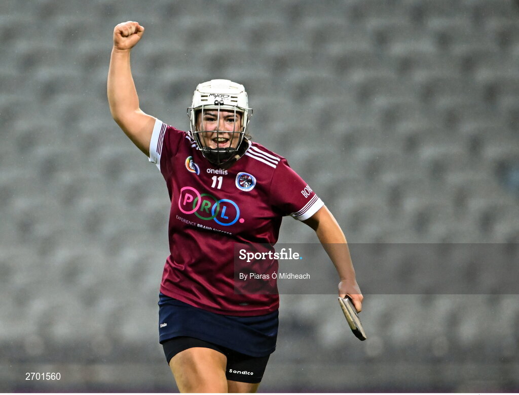 17 December 2023; Amy Clifford of Dicksboro celebrates a late score during the AIB Camogie All-Ireland Senior Club Championship final match between Dicksboro of Kilkenny and Sarsfields of Galway at Croke Park in Dublin. Photo by Piaras Ó Mídheach/Sportsfile