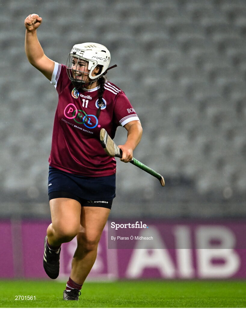 17 December 2023; Amy Clifford of Dicksboro celebrates a late score during the AIB Camogie All-Ireland Senior Club Championship final match between Dicksboro of Kilkenny and Sarsfields of Galway at Croke Park in Dublin. Photo by Piaras Ó Mídheach/Sportsfile