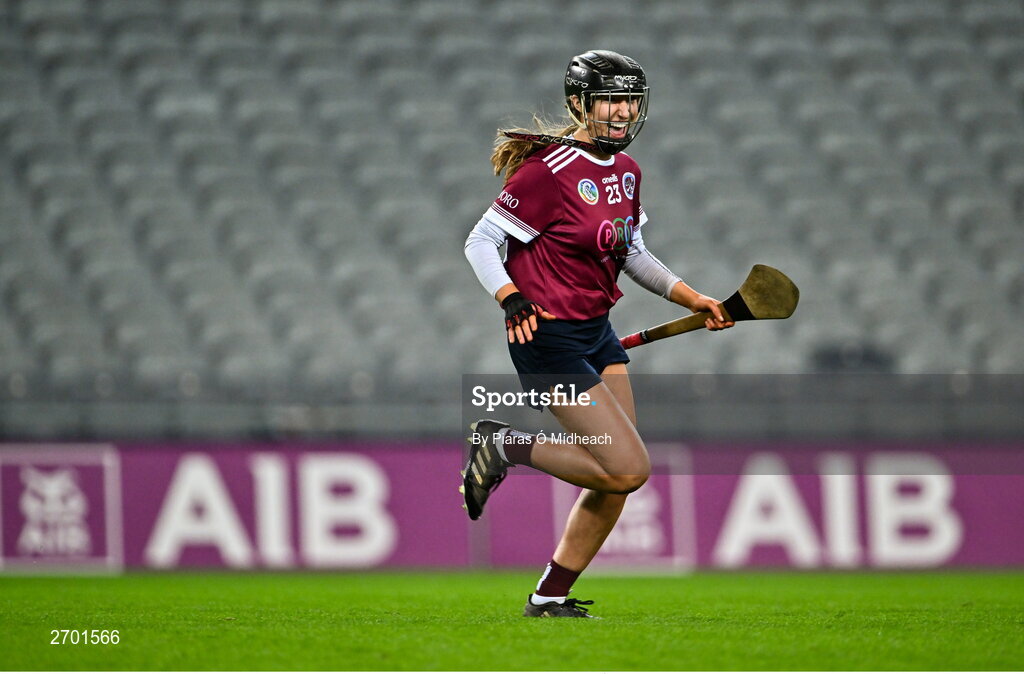 17 December 2023; Rose Kelly of Dicksboro celebrates after her side's victory in the AIB Camogie All-Ireland Senior Club Championship final match between Dicksboro of Kilkenny and Sarsfields of Galway at Croke Park in Dublin. Photo by Piaras Ó Mídheach/Sportsfile
