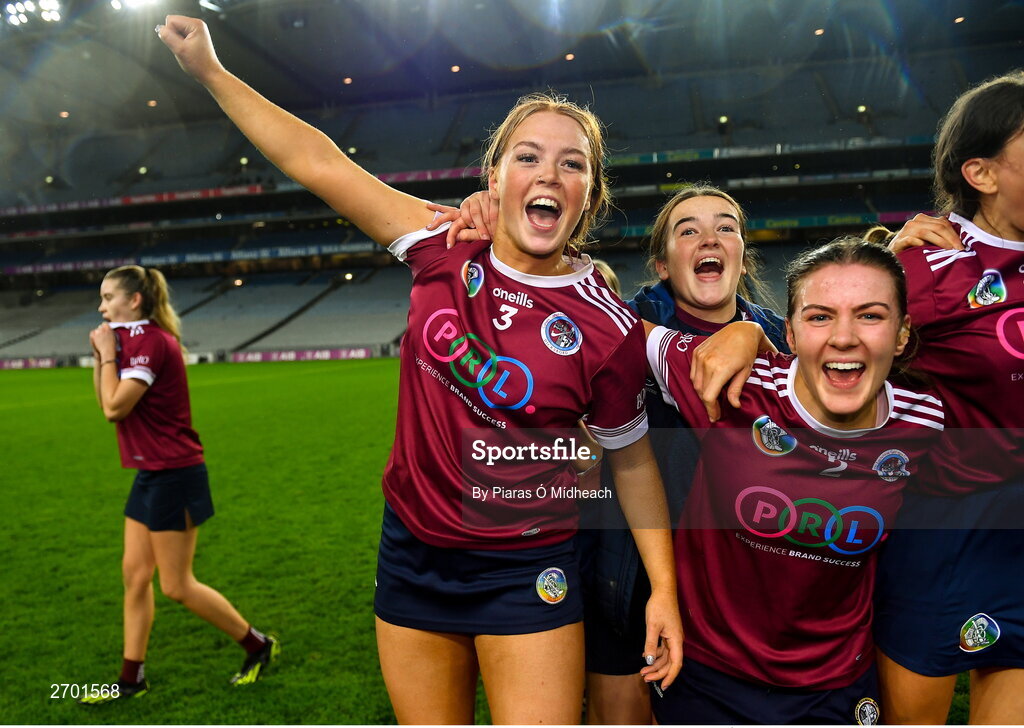 17 December 2023; Tara Clifford of Dicksboro, 3, celebrates with team-mates after victory in the AIB Camogie All-Ireland Senior Club Championship final match between Dicksboro of Kilkenny and Sarsfields of Galway at Croke Park in Dublin. Photo by Piaras Ó Mídheach/Sportsfile