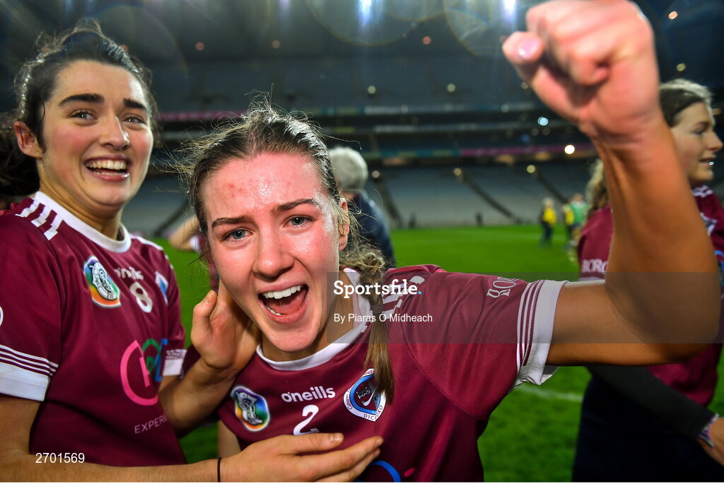 17 December 2023; Dicksboro players Jane Cass and Ciara O’Shea celebrate after their side's victory in the AIB Camogie All-Ireland Senior Club Championship final match between Dicksboro of Kilkenny and Sarsfields of Galway at Croke Park in Dublin. Photo by Piaras Ó Mídheach/Sportsfile