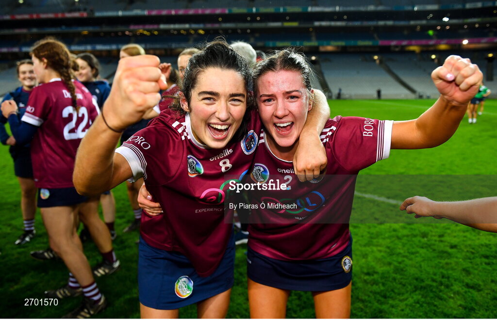 17 December 2023; Dicksboro players Ciara O’Shea, 8, and Jane Cass celebrate after their side's victory in the AIB Camogie All-Ireland Senior Club Championship final match between Dicksboro of Kilkenny and Sarsfields of Galway at Croke Park in Dublin. Photo by Piaras Ó Mídheach/Sportsfile