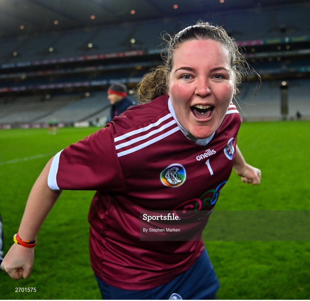 17 December 2023; Dicksboro goalkeeper Kirsty Maher after her side's victory in the AIB Camogie All-Ireland Senior Club Championship final match between Dicksboro of Kilkenny and Sarsfields of Galway at Croke Park in Dublin. Photo by Stephen Marken/Sportsfile
