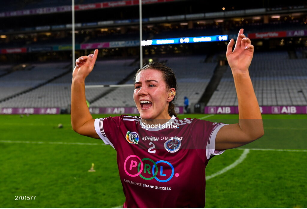 17 December 2023; Jane Cass of Dicksboro celebrates after her side's victory in the AIB Camogie All-Ireland Senior Club Championship final match between Dicksboro of Kilkenny and Sarsfields of Galway at Croke Park in Dublin. Photo by Piaras Ó Mídheach/Sportsfile