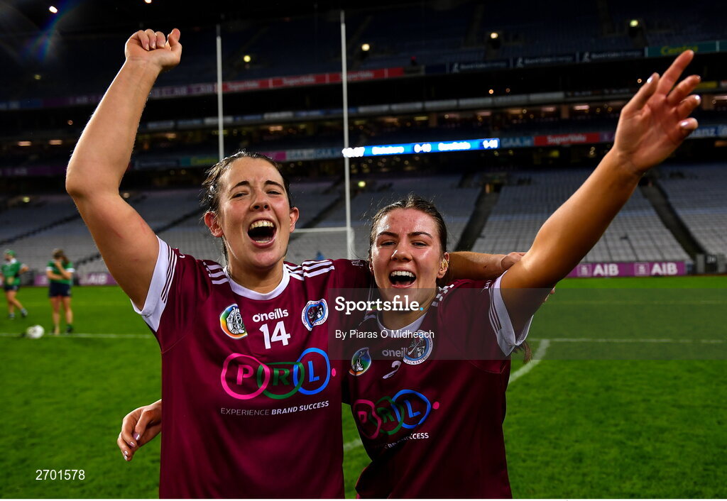 17 December 2023; Dicksboro players Orla Hanrick, left, and Jane Cass celebrates after their side's victory in the AIB Camogie All-Ireland Senior Club Championship final match between Dicksboro of Kilkenny and Sarsfields of Galway at Croke Park in Dublin. Photo by Piaras Ó Mídheach/Sportsfile