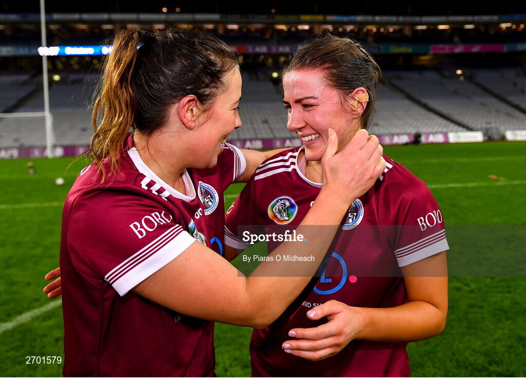 17 December 2023; Dicksboro players Orla Hanrick, left, and Jane Cass celebrate after their side's victory in the AIB Camogie All-Ireland Senior Club Championship final match between Dicksboro of Kilkenny and Sarsfields of Galway at Croke Park in Dublin. Photo by Piaras Ó Mídheach/Sportsfile