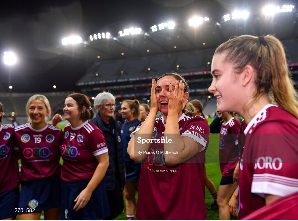 17 December 2023; Caoimhe Dowling of Dicksboro celebrates after her side's victory in the AIB Camogie All-Ireland Senior Club Championship final match between Dicksboro of Kilkenny and Sarsfields of Galway at Croke Park in Dublin. Photo by Piaras Ó Mídheach/Sportsfile