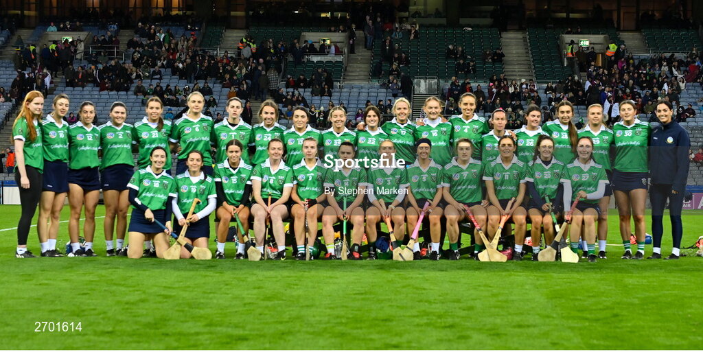 17 December 2023; The Sarsfields team before the AIB Camogie All-Ireland Senior Club Championship final match between Dicksboro of Kilkenny and Sarsfields of Galway at Croke Park in Dublin. Photo by Stephen Marken/Sportsfile
