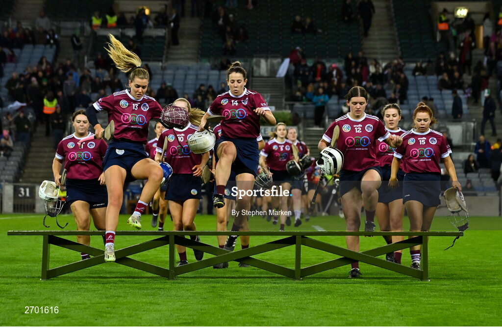 17 December 2023; The Dicksboro players before the AIB Camogie All-Ireland Senior Club Championship final match between Dicksboro of Kilkenny and Sarsfields of Galway at Croke Park in Dublin. Photo by Stephen Marken/Sportsfile