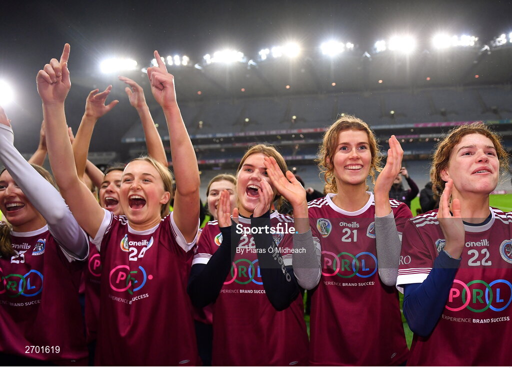 17 December 2023; Dicksboro players, from left, Rose Kelly, Aisling Browne, Becky Peters, Caoimhe Carroll, Angela Carroll celebrate after their side's victory in the AIB Camogie All-Ireland Senior Club Championship final match between Dicksboro of Kilkenny and Sarsfields of Galway at Croke Park in Dublin. Photo by Piaras Ó Mídheach/Sportsfile