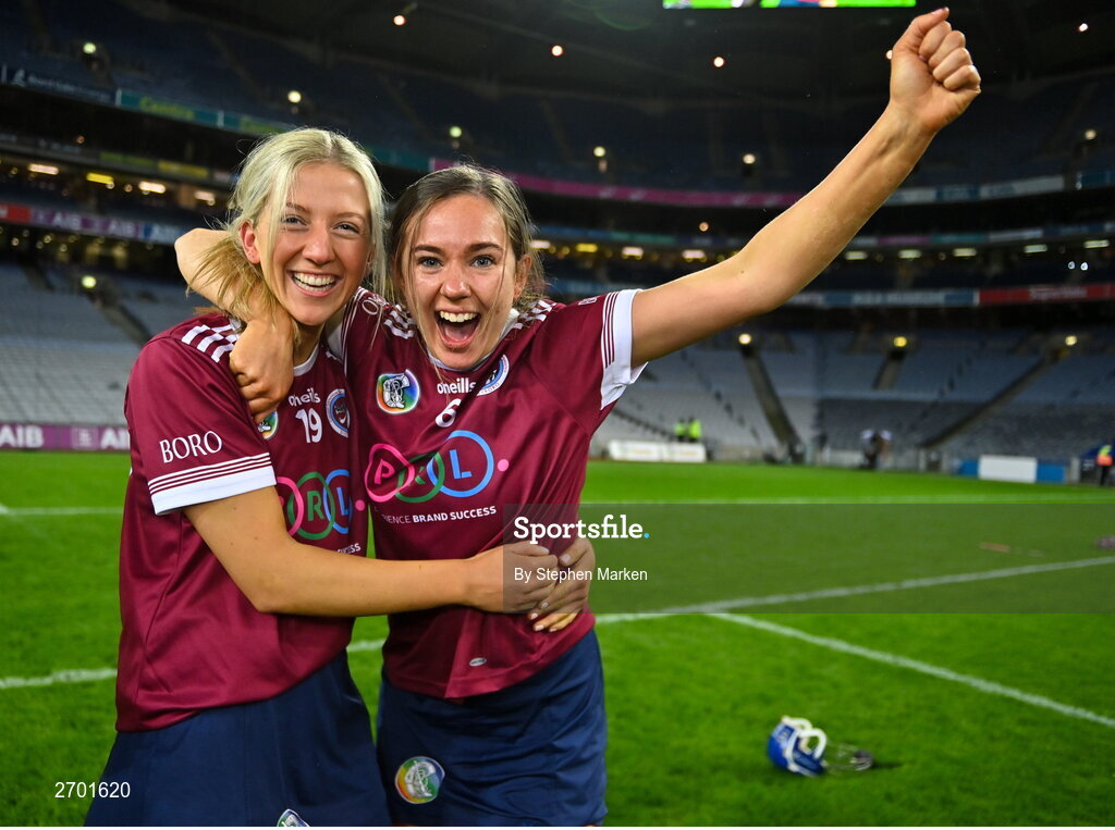 17 December 2023; Bronagh Doheny, left, and Caoimhe Dowling of Dicksboro celebrate after their side's victory in the AIB Camogie All-Ireland Senior Club Championship final match between Dicksboro of Kilkenny and Sarsfields of Galway at Croke Park in Dublin. Photo by Stephen Marken/Sportsfile