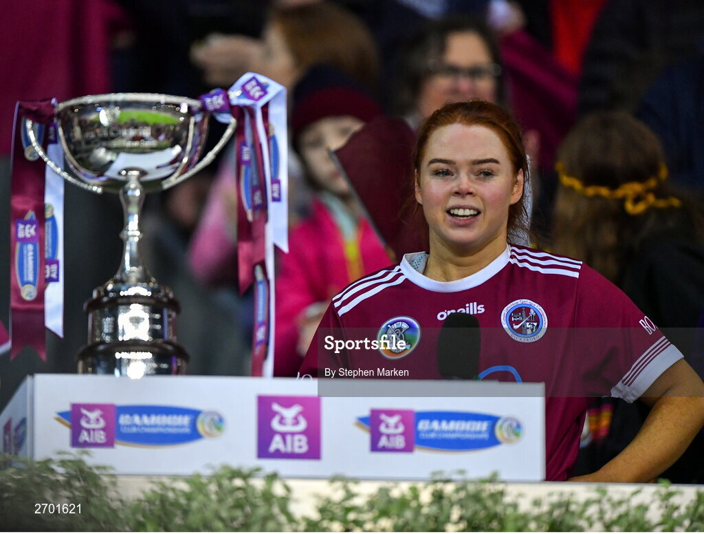 17 December 2023; Dicksboro captain Jenny Clifford makes a speech after her side's victory in the AIB Camogie All-Ireland Senior Club Championship final match between Dicksboro of Kilkenny and Sarsfields of Galway at Croke Park in Dublin. Photo by Stephen Marken/Sportsfile