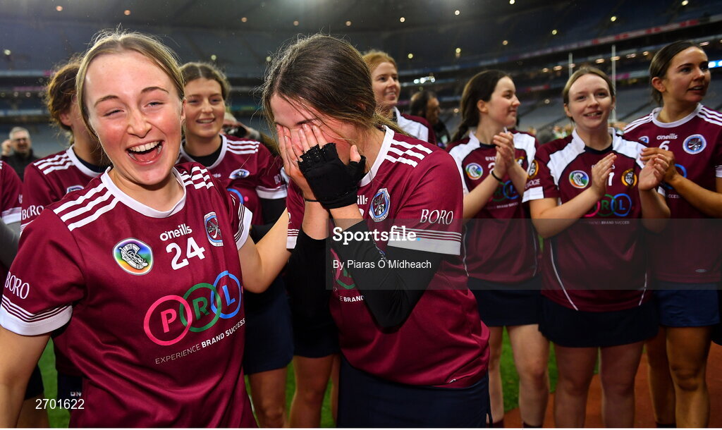 17 December 2023; Dicksboro players Tara McGrath and Aisling Browne, 24, celebrate after their side's victory in the AIB Camogie All-Ireland Senior Club Championship final match between Dicksboro of Kilkenny and Sarsfields of Galway at Croke Park in Dublin. Photo by Piaras Ó Mídheach/Sportsfile