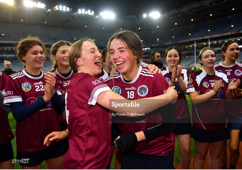 17 December 2023; Dicksboro players Tara McGrath, 18, and Aisling Browne celebrate after their side's victory in the AIB Camogie All-Ireland Senior Club Championship final match between Dicksboro of Kilkenny and Sarsfields of Galway at Croke Park in Dublin. Photo by Piaras Ó Mídheach/Sportsfile