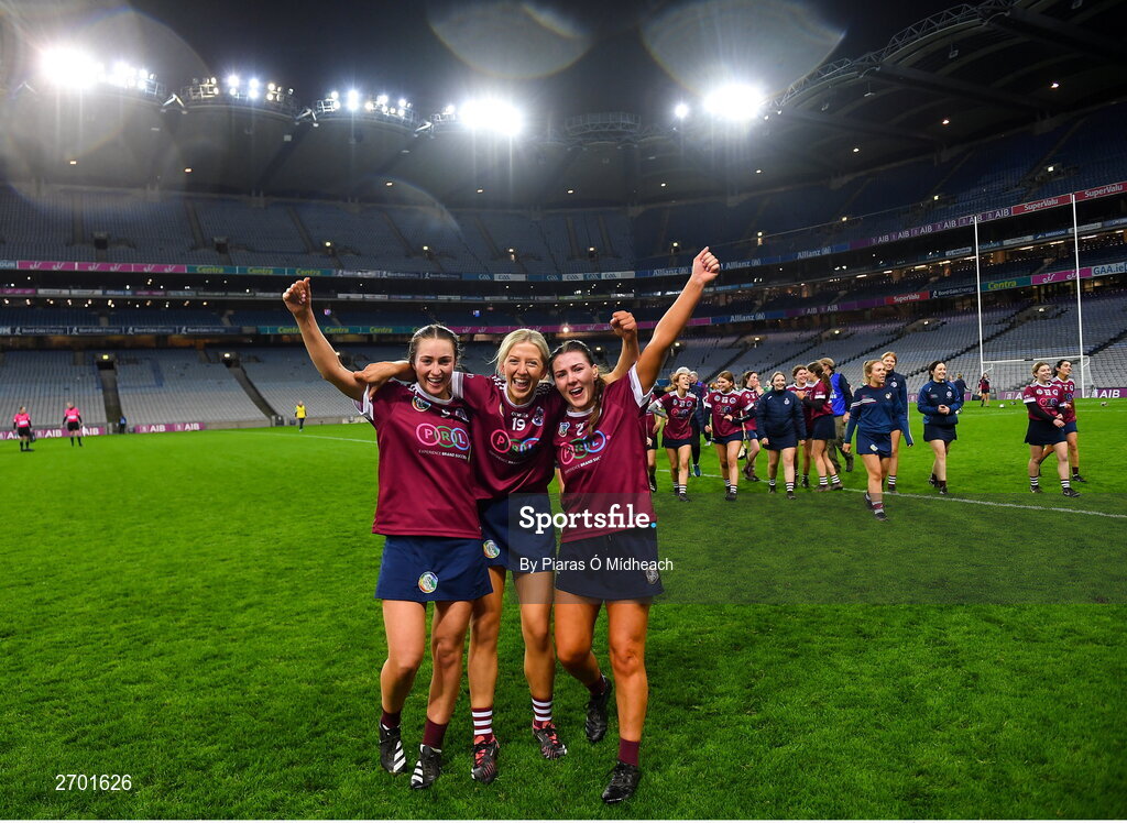 17 December 2023; Dicksboro players, from left, Aobha O’Gorman, Bronagh Doheny and Jane Cass celebrate after their side's victory in the AIB Camogie All-Ireland Senior Club Championship final match between Dicksboro of Kilkenny and Sarsfields of Galway at Croke Park in Dublin. Photo by Piaras Ó Mídheach/Sportsfile