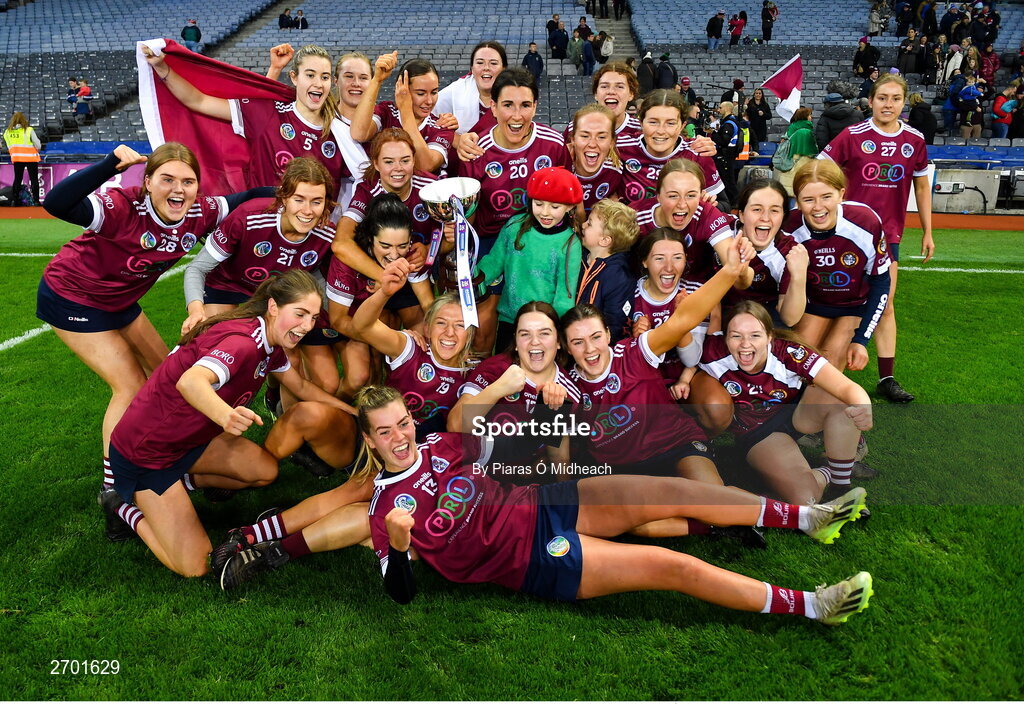 17 December 2023; Dicksboro players celebrate after their side's victory in the AIB Camogie All-Ireland Senior Club Championship final match between Dicksboro of Kilkenny and Sarsfields of Galway at Croke Park in Dublin. Photo by Piaras Ó Mídheach/Sportsfile