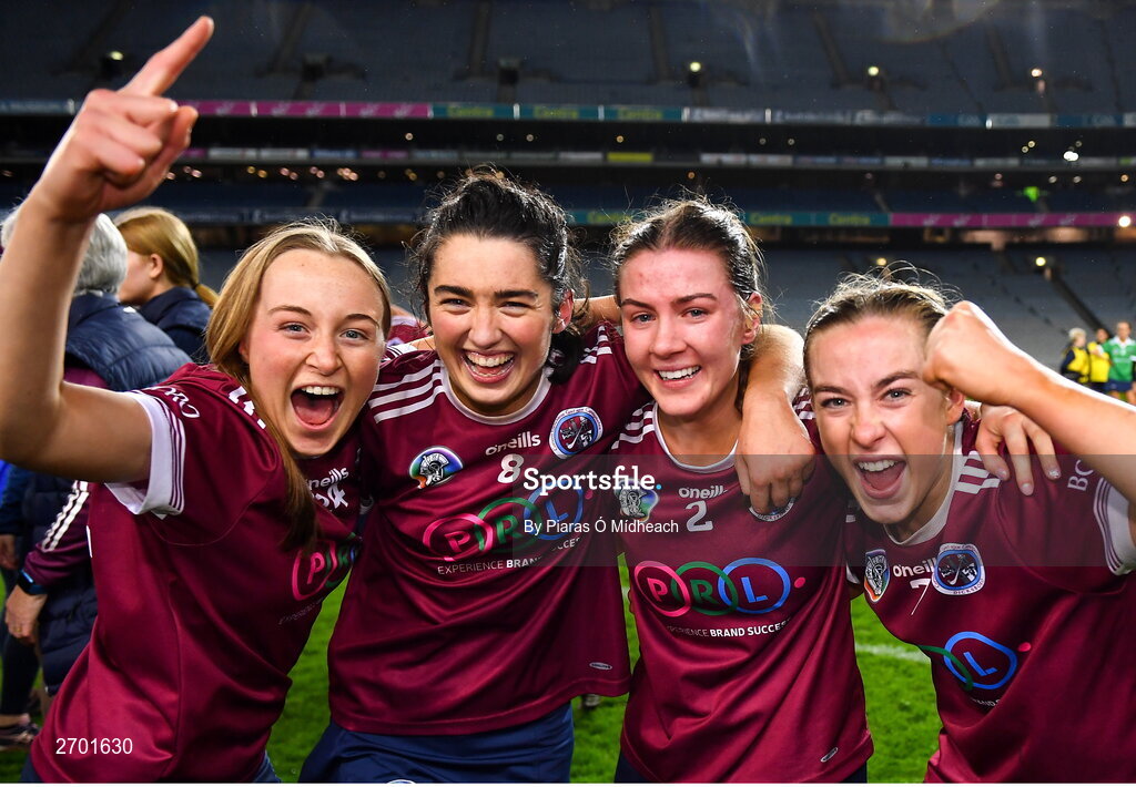 17 December 2023; Dicksboro players, from left, Aisling Browne, Ciara O’Shea, Jane Cass and Ciara Phelan celebrate after their side's victory in the AIB Camogie All-Ireland Senior Club Championship final match between Dicksboro of Kilkenny and Sarsfields of Galway at Croke Park in Dublin. Photo by Piaras Ó Mídheach/Sportsfile