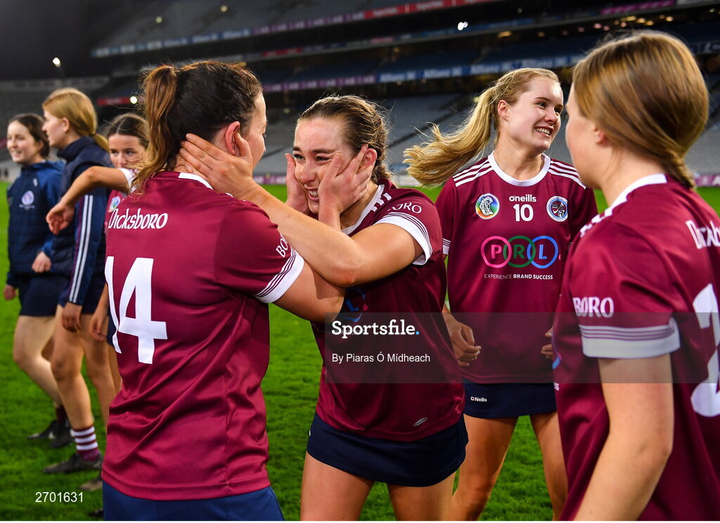 17 December 2023; Dicksboro players Ciara Phelan and Orla Hanrick, 14, celebrate after their side's victory in the AIB Camogie All-Ireland Senior Club Championship final match between Dicksboro of Kilkenny and Sarsfields of Galway at Croke Park in Dublin. Photo by Piaras Ó Mídheach/Sportsfile