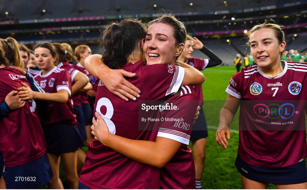 17 December 2023; Dicksboro Jane Cass and Ciara O’Shea, 8, celebrate after their side's victory in the AIB Camogie All-Ireland Senior Club Championship final match between Dicksboro of Kilkenny and Sarsfields of Galway at Croke Park in Dublin. Photo by Piaras Ó Mídheach/Sportsfile