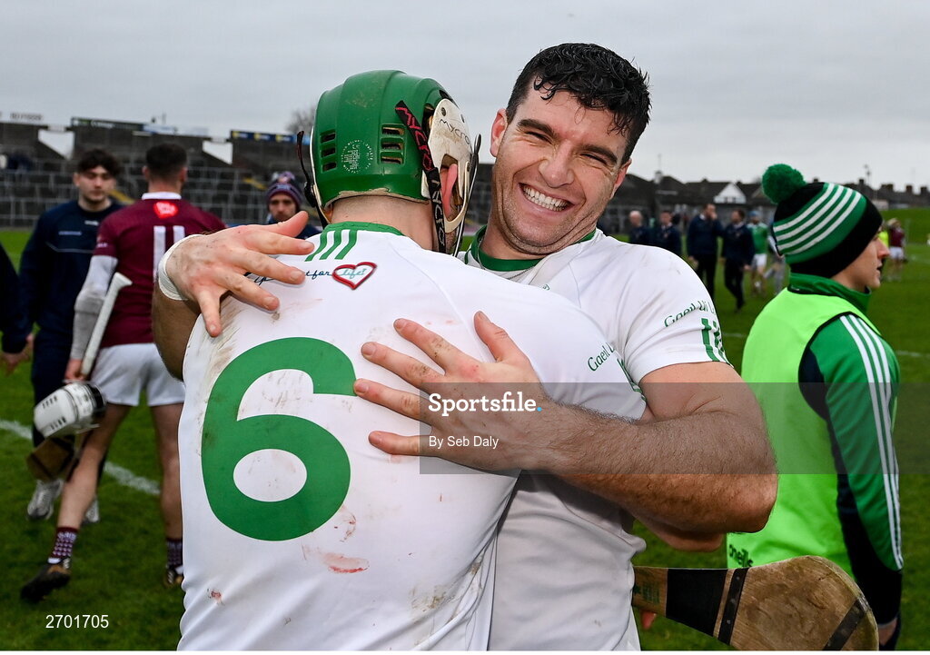 17 December 2023; O'Loughlin Gaels players Conor Heary, right, and Paddy Deegan celebrate after their side's victory in the AIB GAA Hurling All-Ireland Club Championship semi-final match between O'Loughlin Gaels, Kilkenny, and Ruairí Óg Cushendall, Antrim, at Páirc Tailteann in Navan, Meath. Photo by Seb Daly/Sportsfile