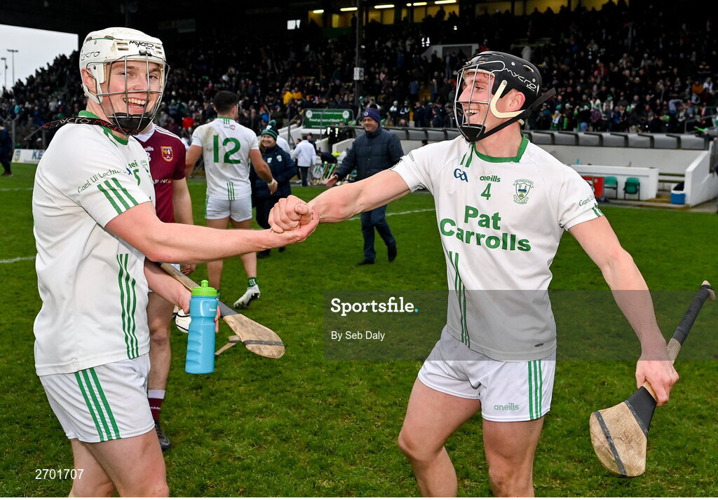 17 December 2023; O'Loughlin Gaels players David Fogarty, left, and Mikey Butler celebrate after their side's victory in the AIB GAA Hurling All-Ireland Club Championship semi-final match between O'Loughlin Gaels, Kilkenny, and Ruairí Óg Cushendall, Antrim, at Páirc Tailteann in Navan, Meath. Photo by Seb Daly/Sportsfile