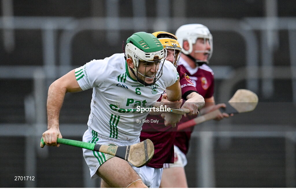 17 December 2023; Paddy Deegan of O’Loughlin Gaels in action against Alex Delargy of Ruairí Óg Cushendall during the AIB GAA Hurling All-Ireland Club Championship semi-final match between O'Loughlin Gaels, Kilkenny, and Ruairí Óg Cushendall, Antrim, at Páirc Tailteann in Navan, Meath. Photo by Seb Daly/Sportsfile