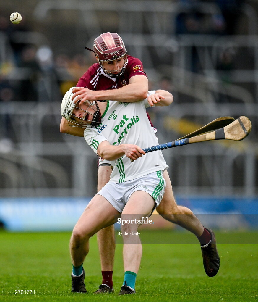 17 December 2023; Ruairí McCollam of Ruairí Óg Cushendall in action against David Fogarty of O’Loughlin Gaels during the AIB GAA Hurling All-Ireland Club Championship semi-final match between O'Loughlin Gaels, Kilkenny, and Ruairí Óg Cushendall, Antrim, at Páirc Tailteann in Navan, Meath. Photo by Seb Daly/Sportsfile