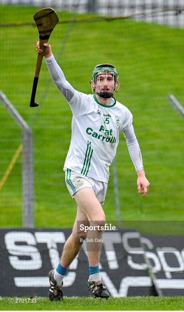 17 December 2023; Seán Bolger of O’Loughlin Gaels celebrates after scoring his side's first goal during the AIB GAA Hurling All-Ireland Club Championship semi-final match between O'Loughlin Gaels, Kilkenny, and Ruairí Óg Cushendall, Antrim, at Páirc Tailteann in Navan, Meath. Photo by Seb Daly/Sportsfile
