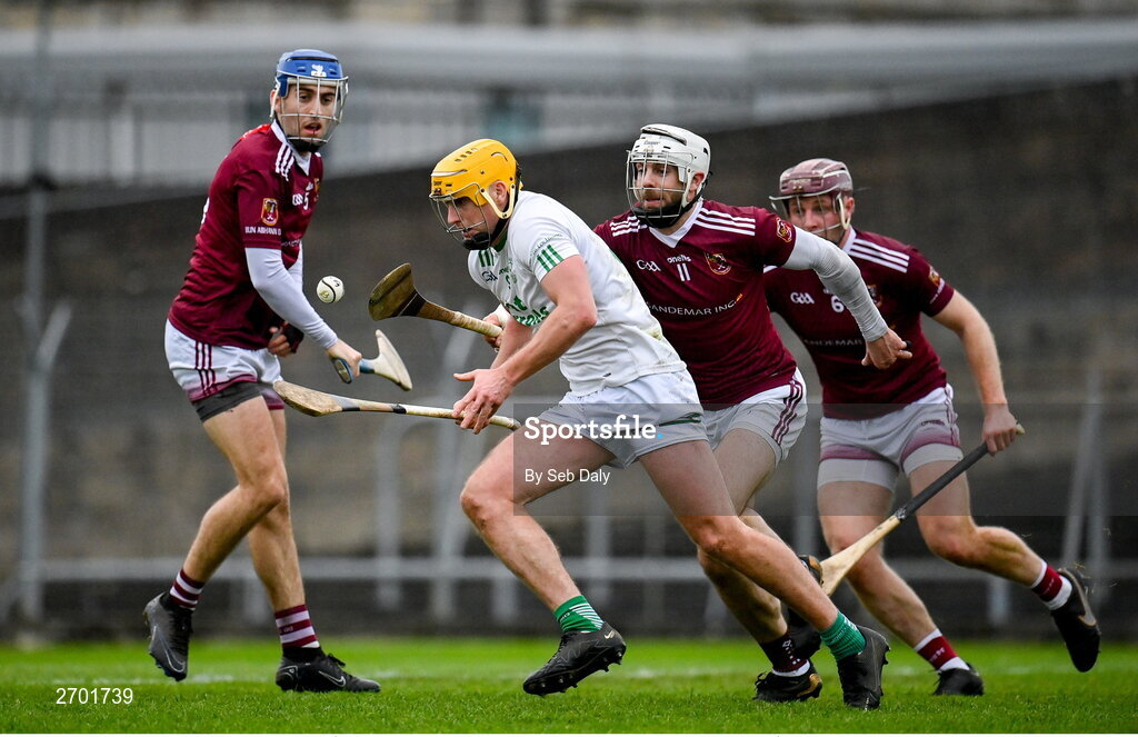 17 December 2023; Cian Loy of O’Loughlin Gaels in action against Neil McManus of Ruairí Óg Cushendall, right, during the AIB GAA Hurling All-Ireland Club Championship semi-final match between O'Loughlin Gaels, Kilkenny, and Ruairí Óg Cushendall, Antrim, at Páirc Tailteann in Navan, Meath. Photo by Seb Daly/Sportsfile