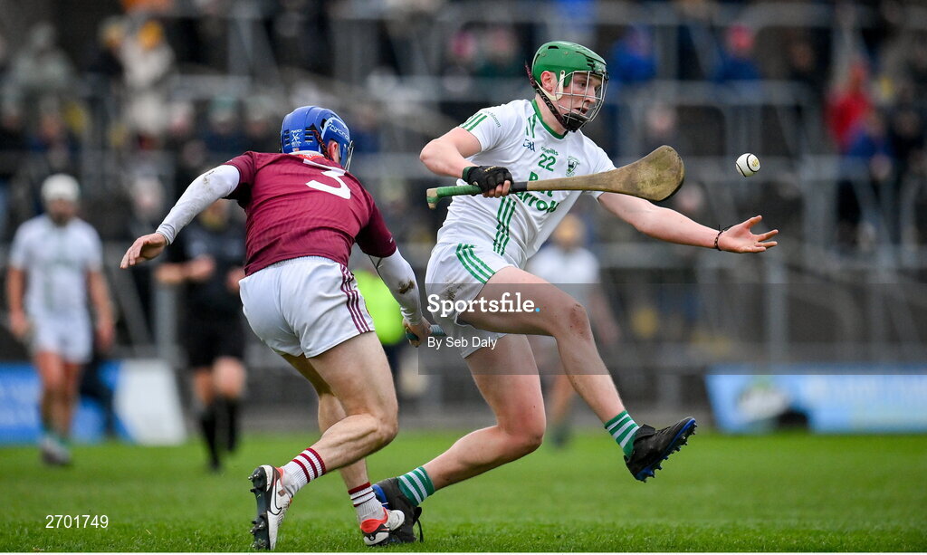 17 December 2023; Luke Hogan of O’Loughlin Gaels in action against Liam Gillan of Ruairí Óg Cushendall during the AIB GAA Hurling All-Ireland Club Championship semi-final match between O'Loughlin Gaels, Kilkenny, and Ruairí Óg Cushendall, Antrim, at Páirc Tailteann in Navan, Meath. Photo by Seb Daly/Sportsfile