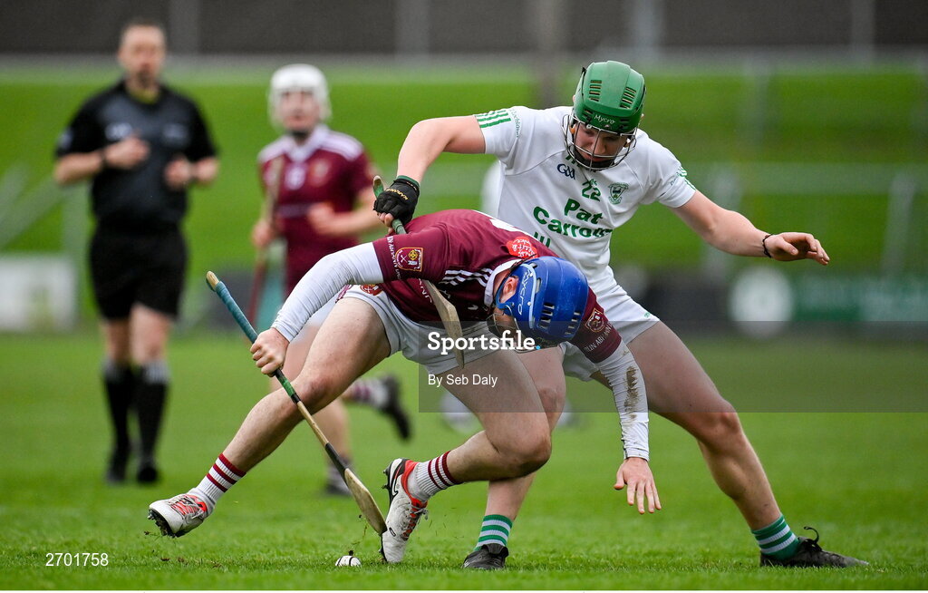 17 December 2023; Liam Gillan of Ruairí Óg Cushendall in action against Luke Hogan of O’Loughlin Gaels during the AIB GAA Hurling All-Ireland Club Championship semi-final match between O'Loughlin Gaels, Kilkenny, and Ruairí Óg Cushendall, Antrim, at Páirc Tailteann in Navan, Meath. Photo by Seb Daly/Sportsfile