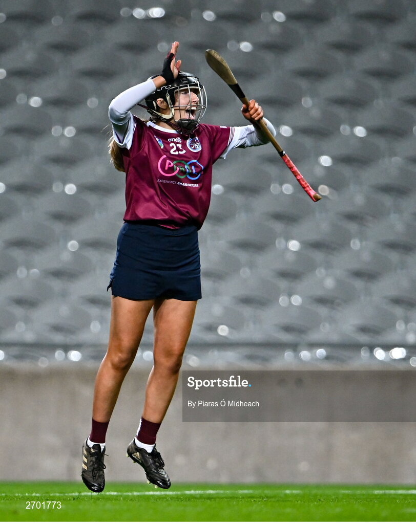 17 December 2023; Rose Kelly of Dicksboro celebrates after her side's victory in the AIB Camogie All-Ireland Senior Club Championship final match between Dicksboro of Kilkenny and Sarsfields of Galway at Croke Park in Dublin. Photo by Piaras Ó Mídheach/Sportsfile