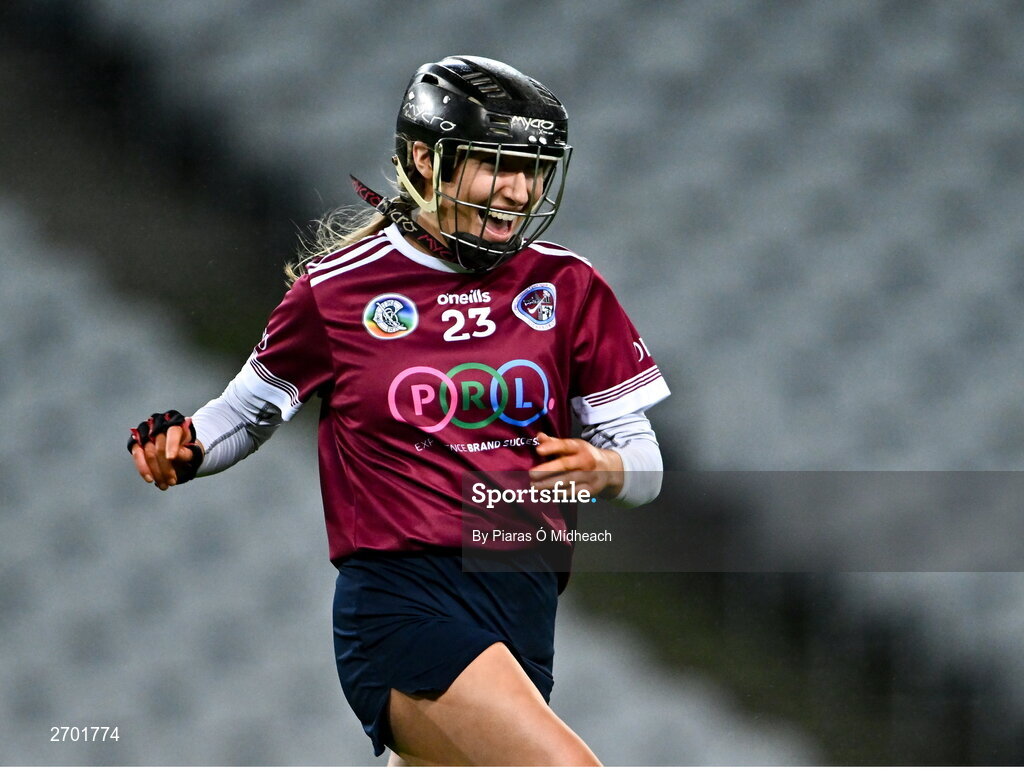17 December 2023; Rose Kelly of Dicksboro celebrates after her side's victory in the AIB Camogie All-Ireland Senior Club Championship final match between Dicksboro of Kilkenny and Sarsfields of Galway at Croke Park in Dublin. Photo by Piaras Ó Mídheach/Sportsfile