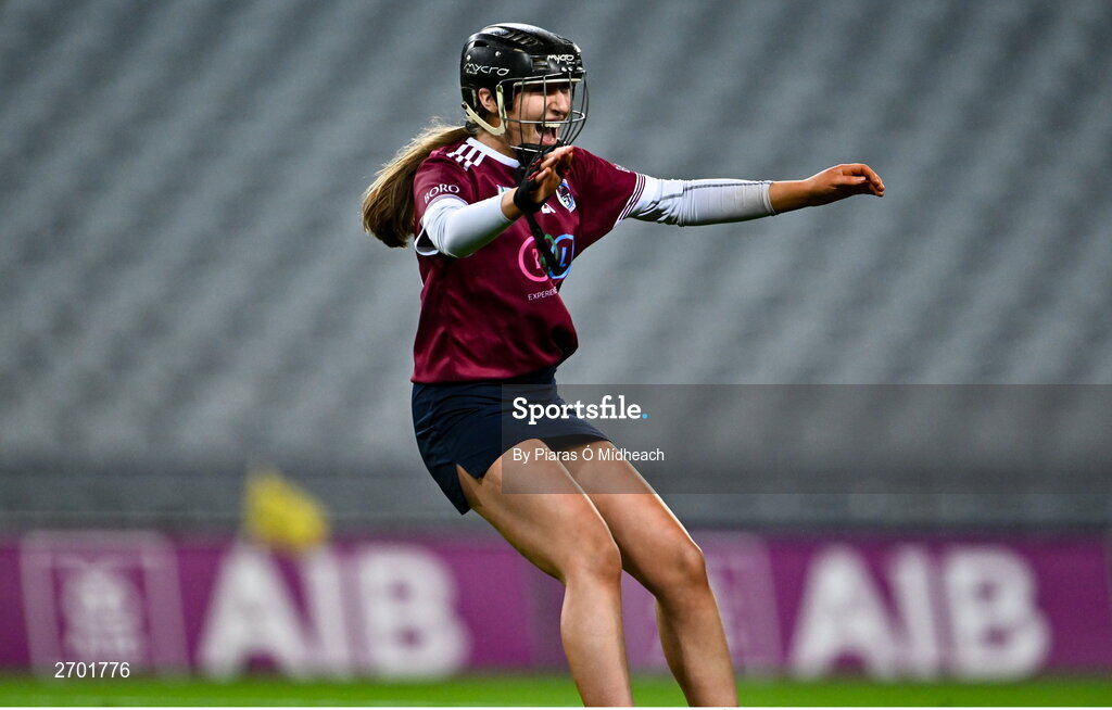 17 December 2023; Rose Kelly of Dicksboro celebrates after her side's victory in the AIB Camogie All-Ireland Senior Club Championship final match between Dicksboro of Kilkenny and Sarsfields of Galway at Croke Park in Dublin. Photo by Piaras Ó Mídheach/Sportsfile