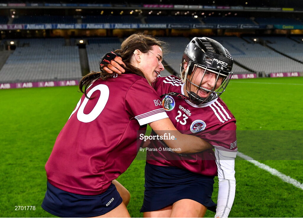 17 December 2023; Dicksboro players Rose Kelly, right, and Eva Healy celebrate after their side's victory in the AIB Camogie All-Ireland Senior Club Championship final match between Dicksboro of Kilkenny and Sarsfields of Galway at Croke Park in Dublin. Photo by Piaras Ó Mídheach/Sportsfile