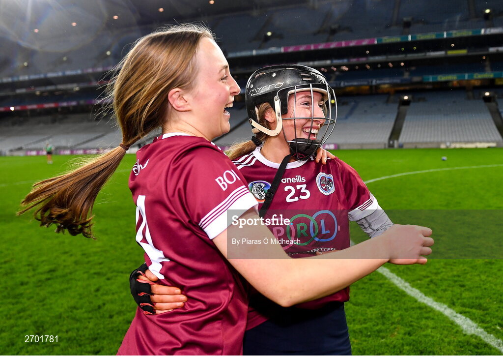 17 December 2023; Dicksboro players Rose Kelly, right, and Aisling Browne celebrate after their side's victory in the AIB Camogie All-Ireland Senior Club Championship final match between Dicksboro of Kilkenny and Sarsfields of Galway at Croke Park in Dublin. Photo by Piaras Ó Mídheach/Sportsfile