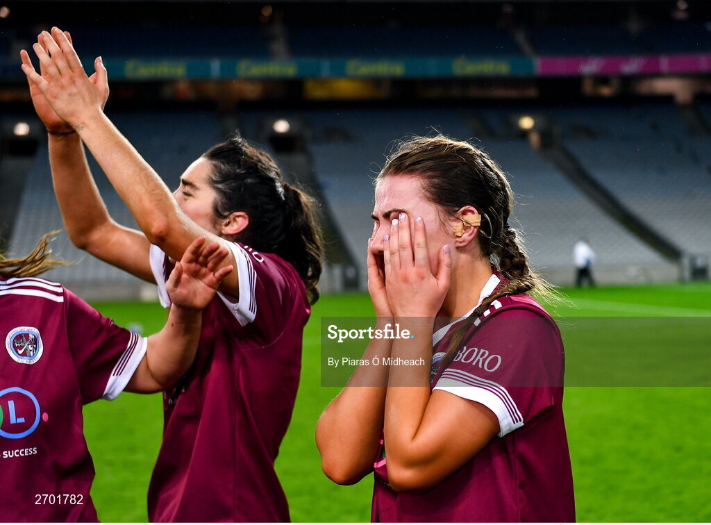 17 December 2023; Jane Cass of Dicksboro, right, after her side's victory in the AIB Camogie All-Ireland Senior Club Championship final match between Dicksboro of Kilkenny and Sarsfields of Galway at Croke Park in Dublin. Photo by Piaras Ó Mídheach/Sportsfile