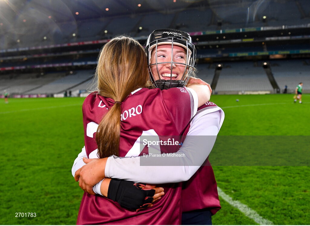 17 December 2023; Dicksboro players Rose Kelly, right, and Aisling Browne celebrate after their side's victory in the AIB Camogie All-Ireland Senior Club Championship final match between Dicksboro of Kilkenny and Sarsfields of Galway at Croke Park in Dublin. Photo by Piaras Ó Mídheach/Sportsfile