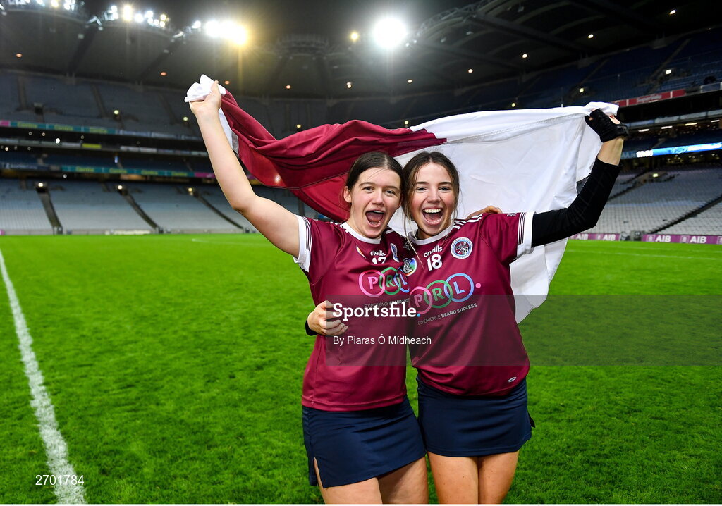 17 December 2023; Dicksboro players Rachel Dowling, left, and Tara McGrath celebrate after their side's victory in the AIB Camogie All-Ireland Senior Club Championship final match between Dicksboro of Kilkenny and Sarsfields of Galway at Croke Park in Dublin. Photo by Piaras Ó Mídheach/Sportsfile