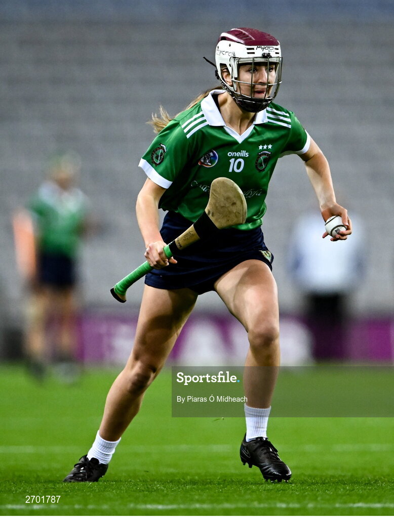 17 December 2023; Klara Donohue of Sarsfields during the AIB Camogie All-Ireland Senior Club Championship final match between Dicksboro of Kilkenny and Sarsfields of Galway at Croke Park in Dublin. Photo by Piaras Ó Mídheach/Sportsfile