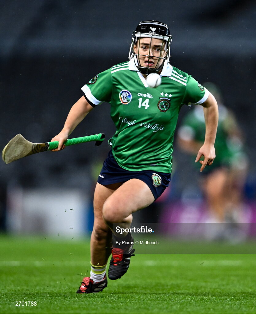17 December 2023; Siobhán McGrath of Sarsfields during the AIB Camogie All-Ireland Senior Club Championship final match between Dicksboro of Kilkenny and Sarsfields of Galway at Croke Park in Dublin. Photo by Piaras Ó Mídheach/Sportsfile