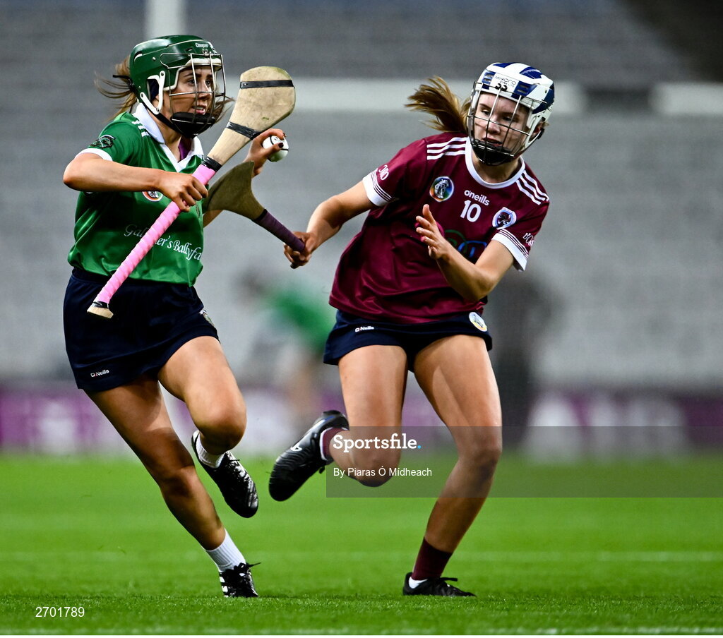 17 December 2023; Tara Kenny of Sarsfields in action against Asha McHardy of Dicksboro during the AIB Camogie All-Ireland Senior Club Championship final match between Dicksboro of Kilkenny and Sarsfields of Galway at Croke Park in Dublin. Photo by Piaras Ó Mídheach/Sportsfile