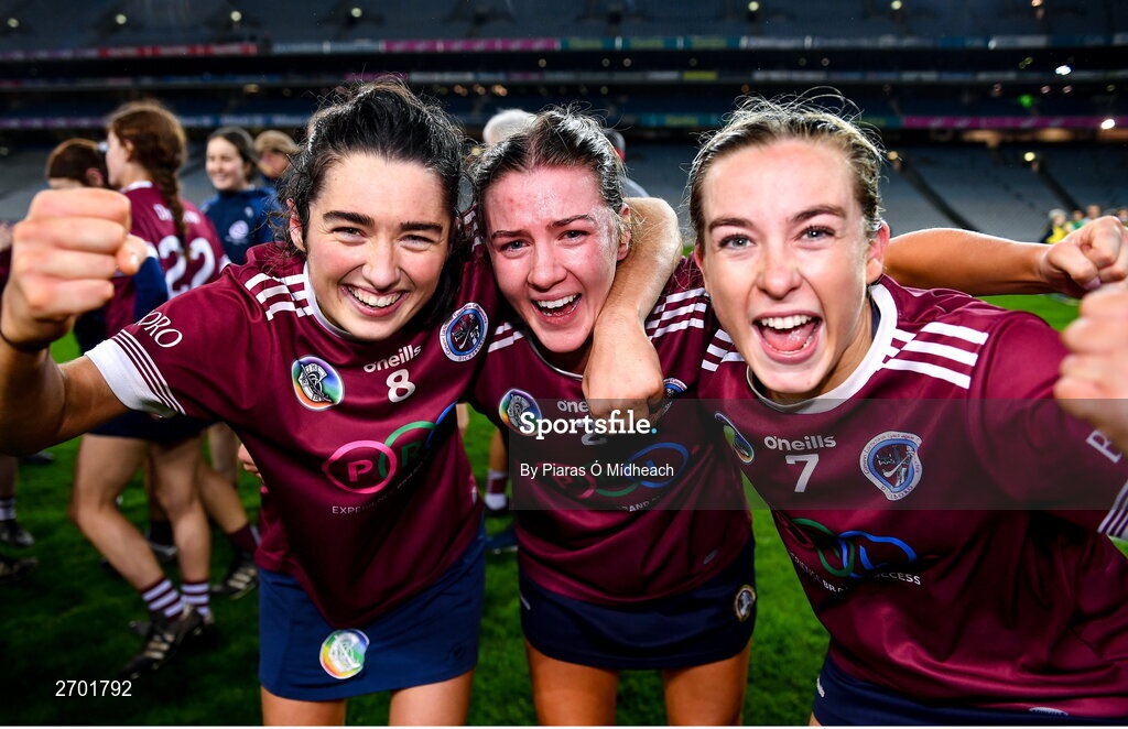 17 December 2023; Dicksboro players, from left, Ciara O’Shea, Jane Cass and Ciara Phelan celebrate after their side's victory in the AIB Camogie All-Ireland Senior Club Championship final match between Dicksboro of Kilkenny and Sarsfields of Galway at Croke Park in Dublin. Photo by Piaras Ó Mídheach/Sportsfile