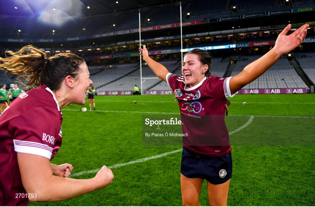17 December 2023; Dicksboro players Jane Cass, right, and Orla Hanrick celebrate after their side's victory in the AIB Camogie All-Ireland Senior Club Championship final match between Dicksboro of Kilkenny and Sarsfields of Galway at Croke Park in Dublin. Photo by Piaras Ó Mídheach/Sportsfile