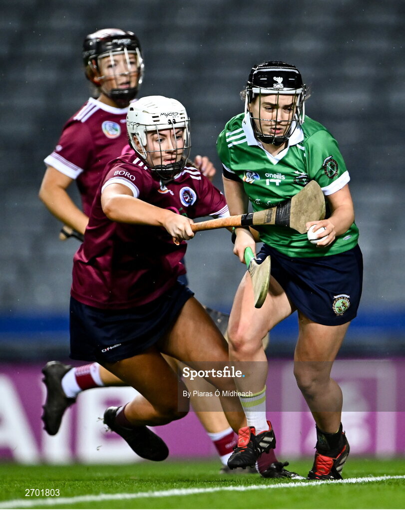 17 December 2023; Siobhán McGrath of Sarsfields in action against Jane Cass of Dicksboro during the AIB Camogie All-Ireland Senior Club Championship final match between Dicksboro of Kilkenny and Sarsfields of Galway at Croke Park in Dublin. Photo by Piaras Ó Mídheach/Sportsfile